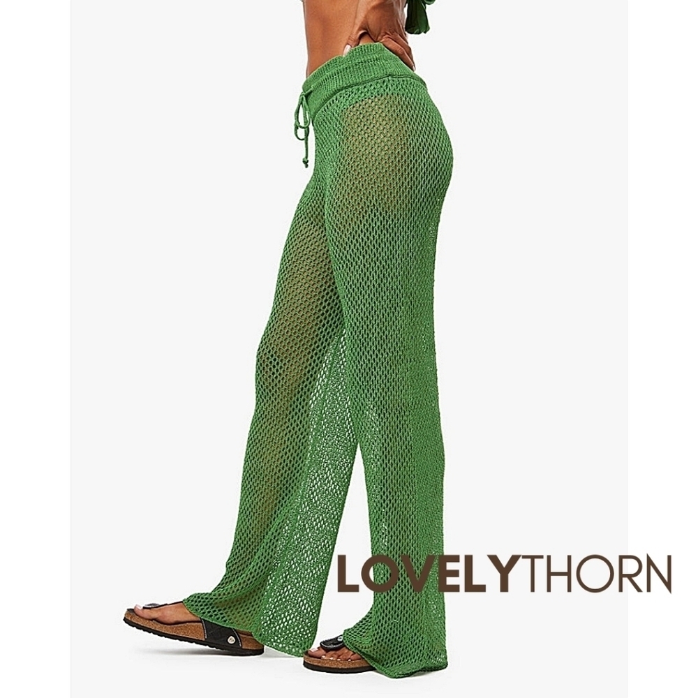 WE WORE WHAT // green crochet drawcord cover-up wide leg Danielle Bernstein - Picture 3 of 10